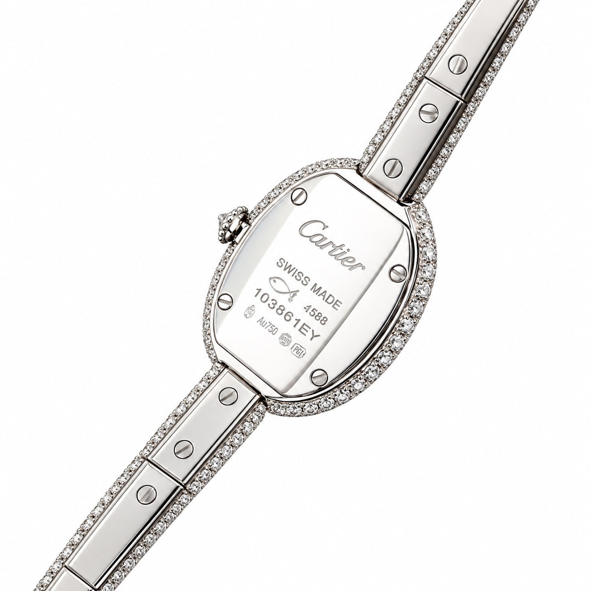 Cartier Baignoire — 18K White Gold, Full Diamond Bezel & Diamond Bangle, White Dial, Women