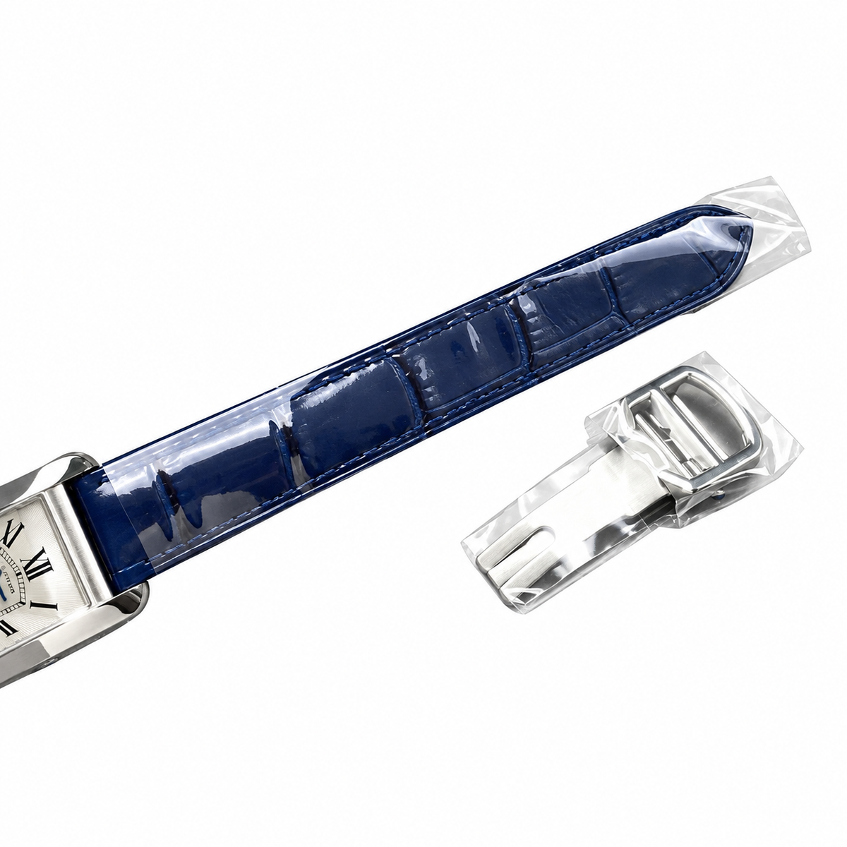 Cartier Tank Américaine — 18K White Gold, Silver Dial & Blue Alligator Strap