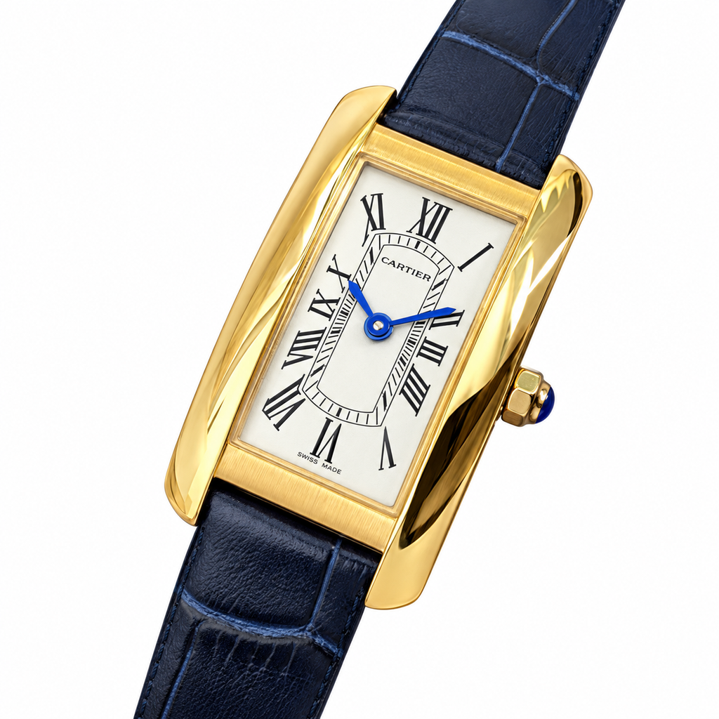 Cartier Tank Américaine — 18K Yellow Gold, Silver Dial & Navy Alligator Strap, Large