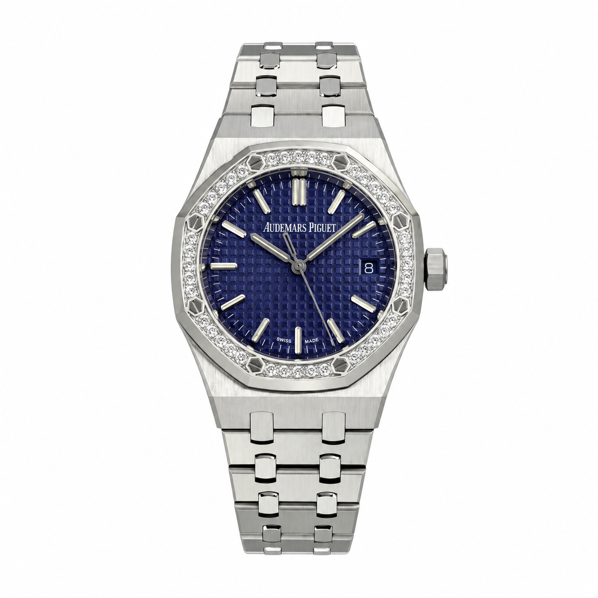 Audemars Piguet Royal Oak Steel Diamond Bezel Blue Tapisserie Date Watch