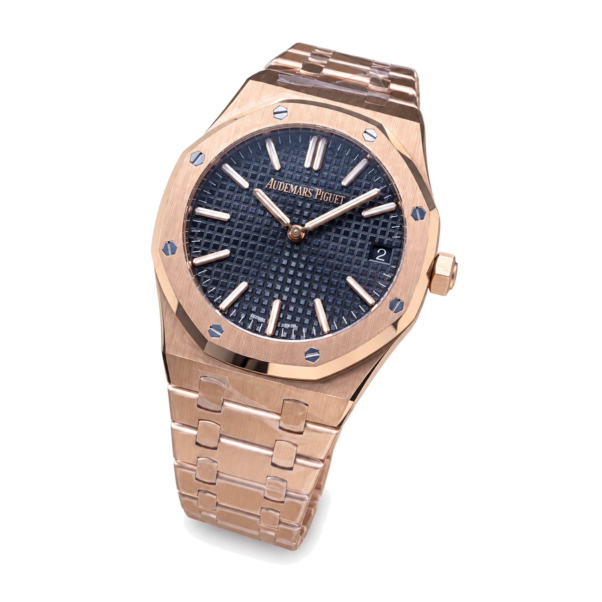 Audemars Piguet Royal Oak 41mm 18K Rose Gold Blue Petite Tapisserie Dial Rose Gold Indexes Hands Date Integrated Bracelet Ref 15500OR