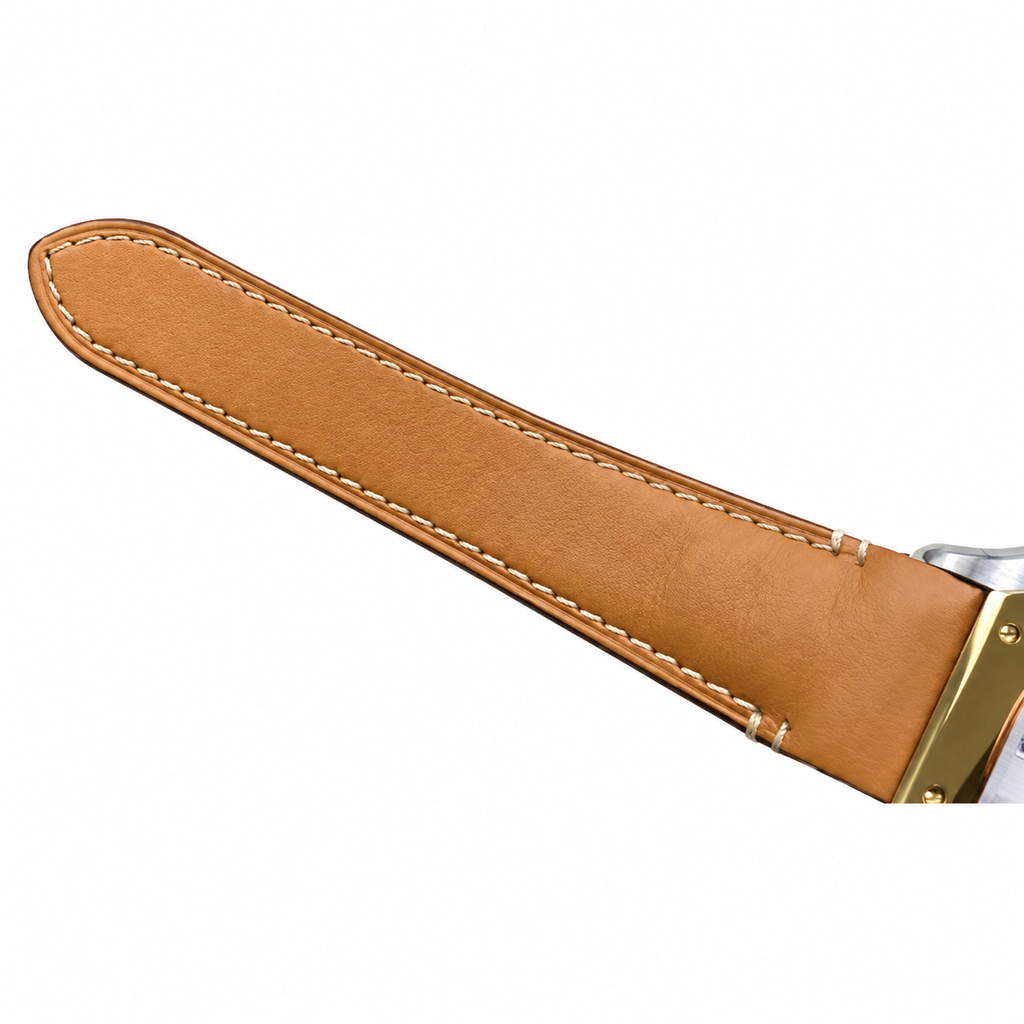 Cartier Santos de Cartier Medium — Steel & Yellow Gold, White Dial, Roman Numerals, Date & Tan Leather Strap, Automatic
