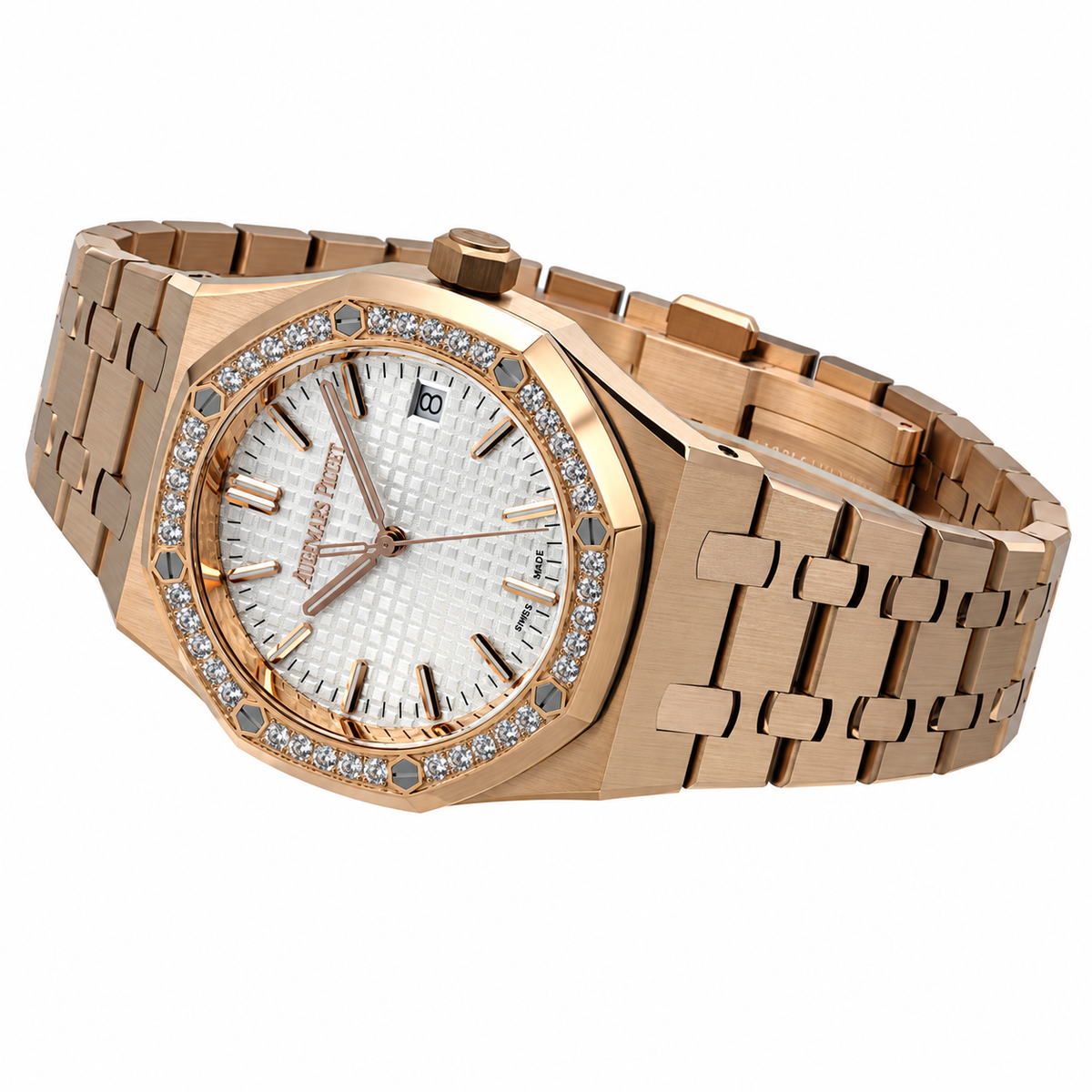Audemars Piguet Royal Oak Rose Gold Diamond Bezel White Tapisserie Date Watch