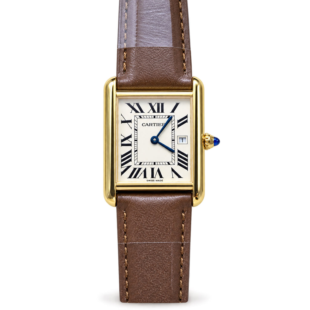 Cartier Tank Solo — 18K Yellow Gold, Ivory Dial, Date & Brown Leather Strap, Large