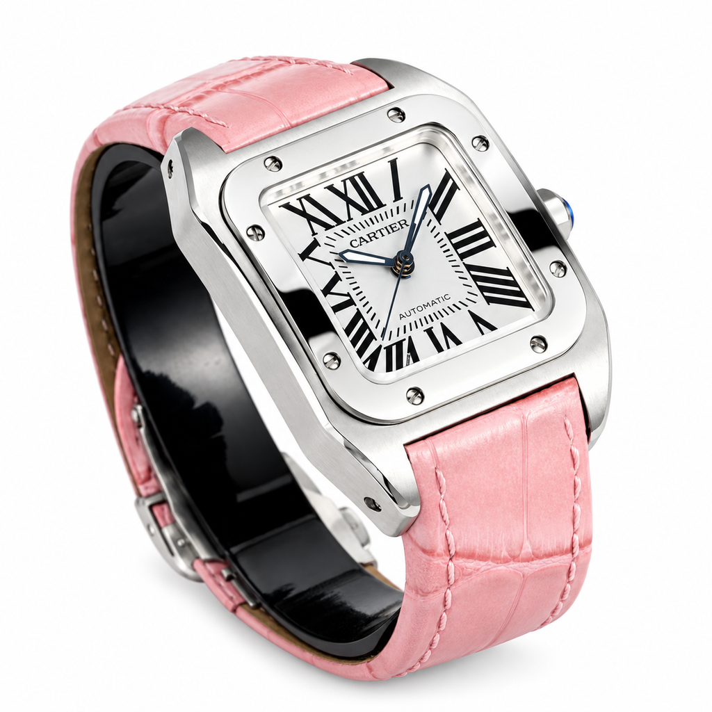 Cartier Santos de Cartier Automatic — Steel, White Dial & Pink Alligator Strap