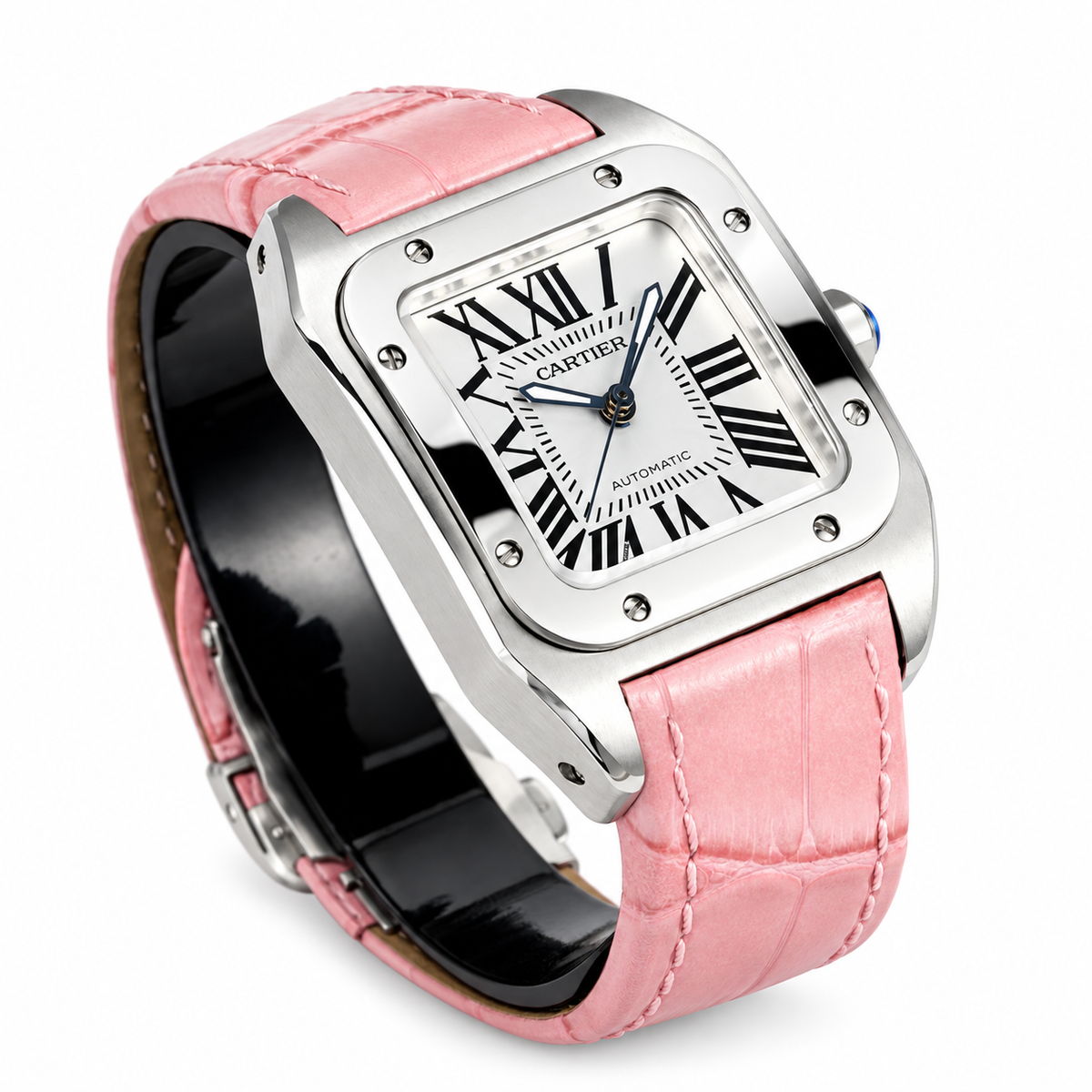 Cartier Santos de Cartier Automatic — Steel, White Dial & Pink Alligator Strap
