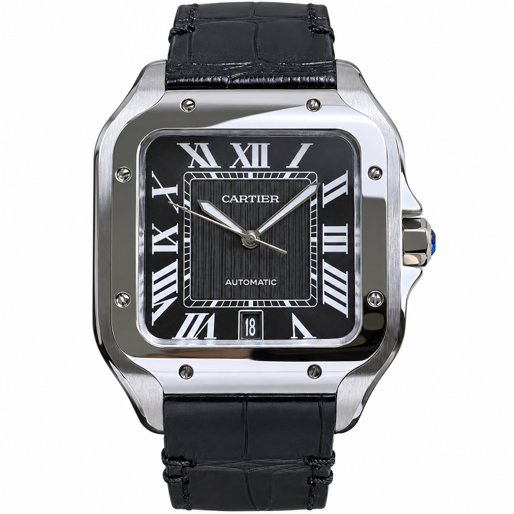 Cartier Santos de Cartier Large — Steel, Black Dial, Roman Numerals, Date & Black Alligator Strap, Automatic