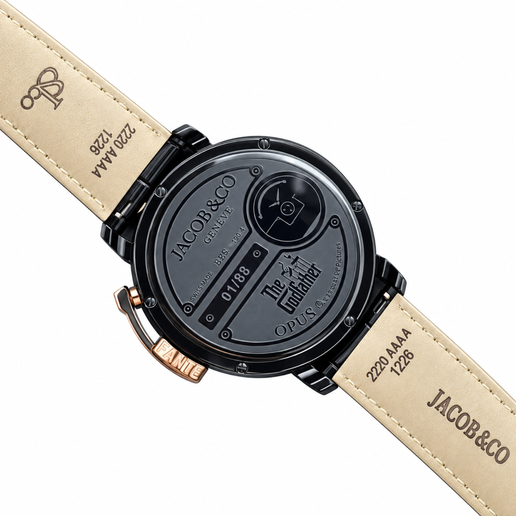 Jacob & Co. x The Godfather Black DLC Tourbillon Sunburst Rose Gold Black Leather Watch