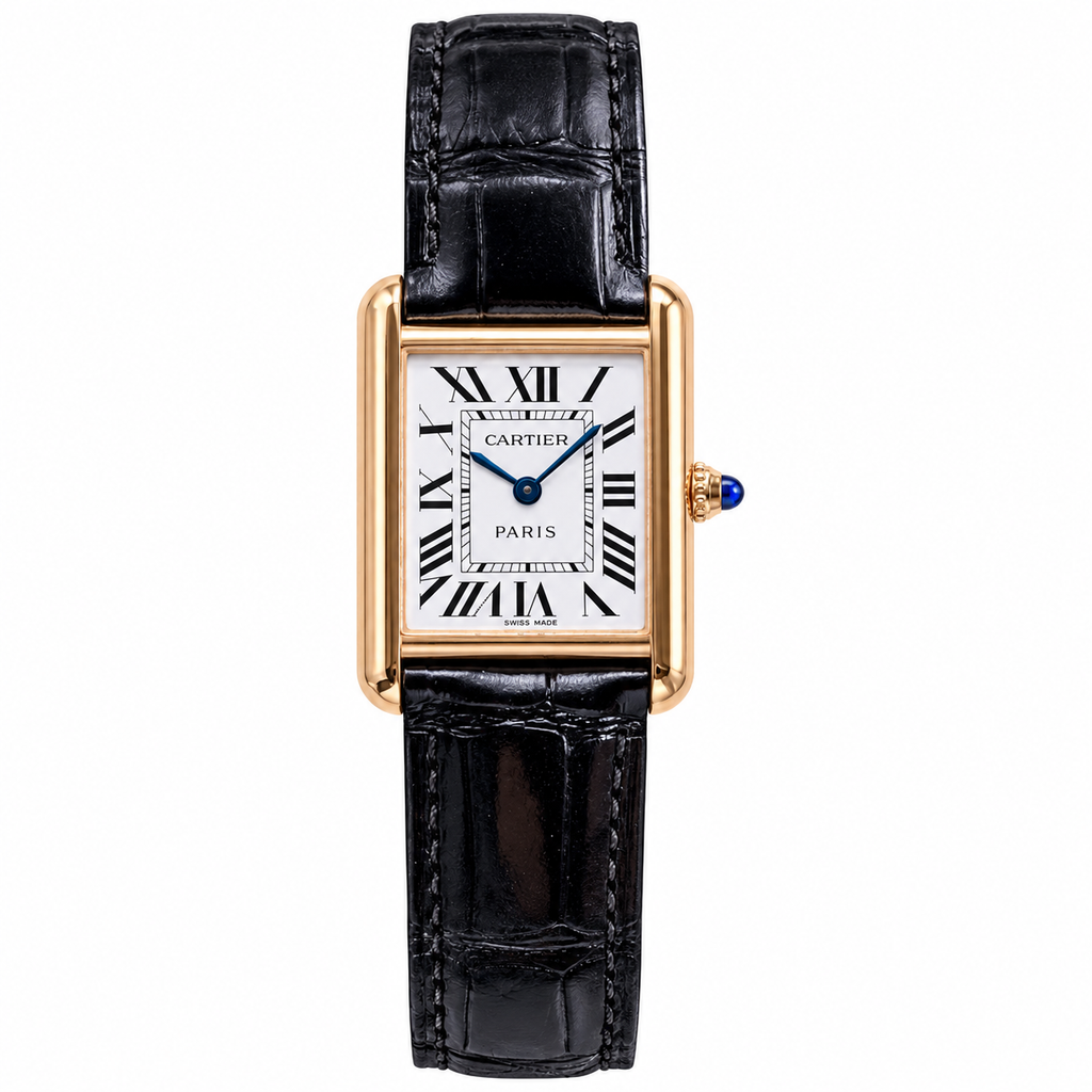 Cartier Tank Louis Cartier Small — 18K Rose Gold, White Dial, Roman Numerals & Black Alligator Strap, Women