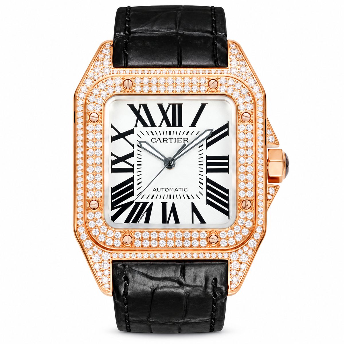 Cartier Santos de Cartier Automatic — 18K Rose Gold, Full Diamond Bezel & Black Strap