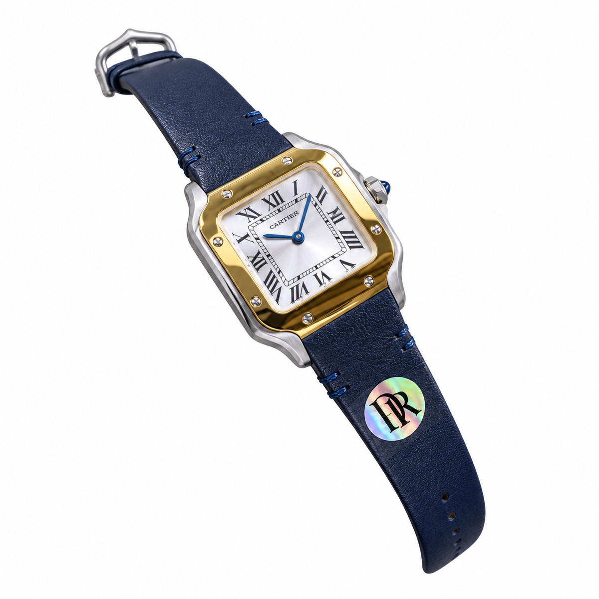 Cartier Santos Small Steel Yellow Gold Two-Tone Silver Dial Quartz Navy Strap Watch – KDY
