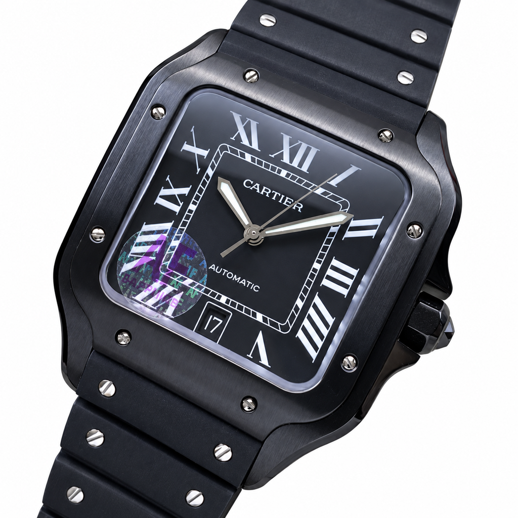 Cartier Santos de Cartier Automatic — Full Black ADLC, Black Dial & Rubber Strap