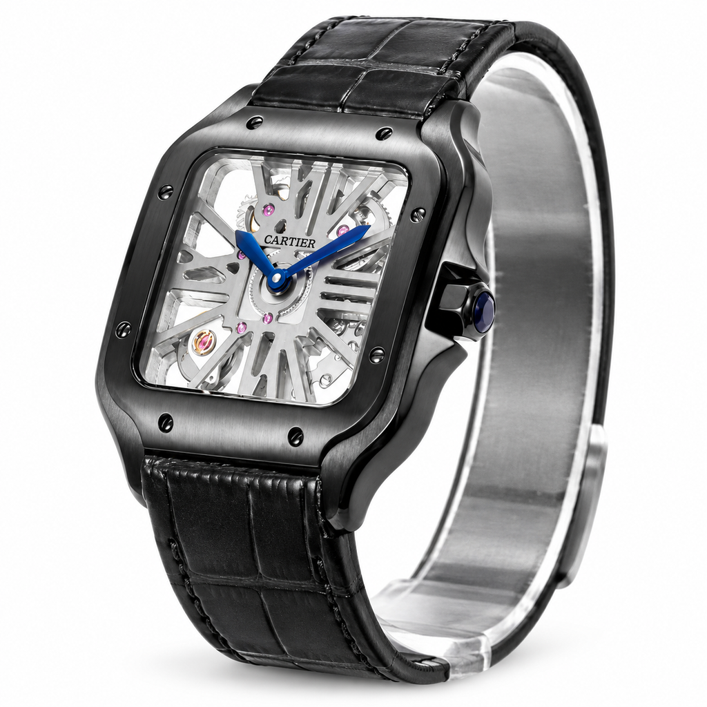 Cartier Santos de Cartier Skeleton Automatic — Full Black ADLC, Skeleton Dial & Black Alligator Strap, Large