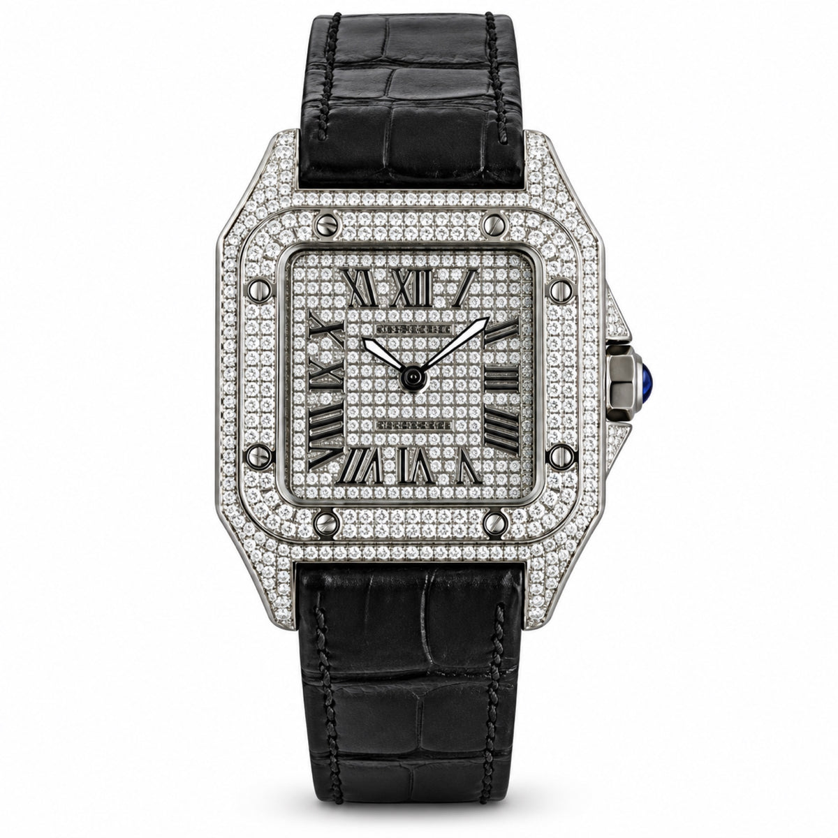 Cartier Santos de Cartier Large — Steel, Full Iced-Out Diamonds, Pavé Dial, Roman Numerals & Black Alligator Strap, Automatic