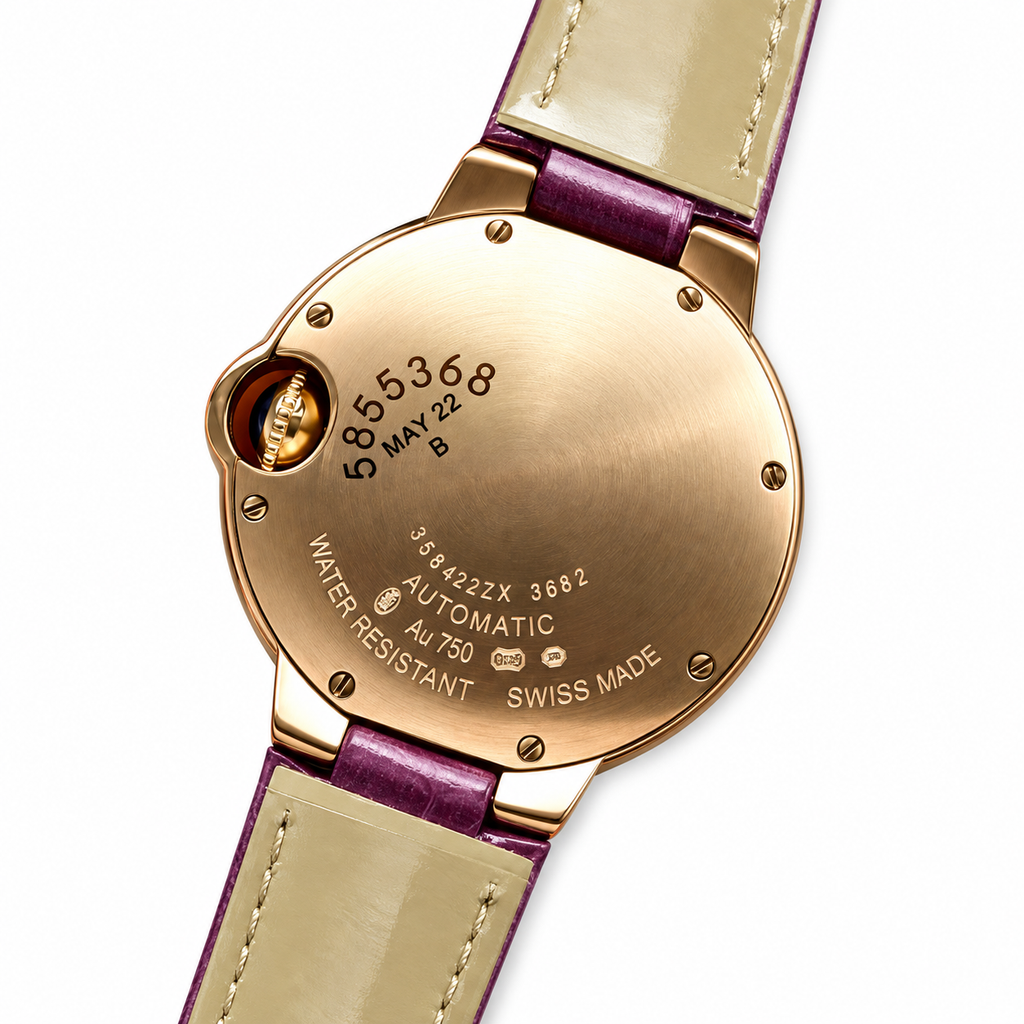 Cartier Ballon Bleu 33mm — 18K Rose Gold, Diamond Bezel, Silver Dial & Purple Alligator Strap, Automatic