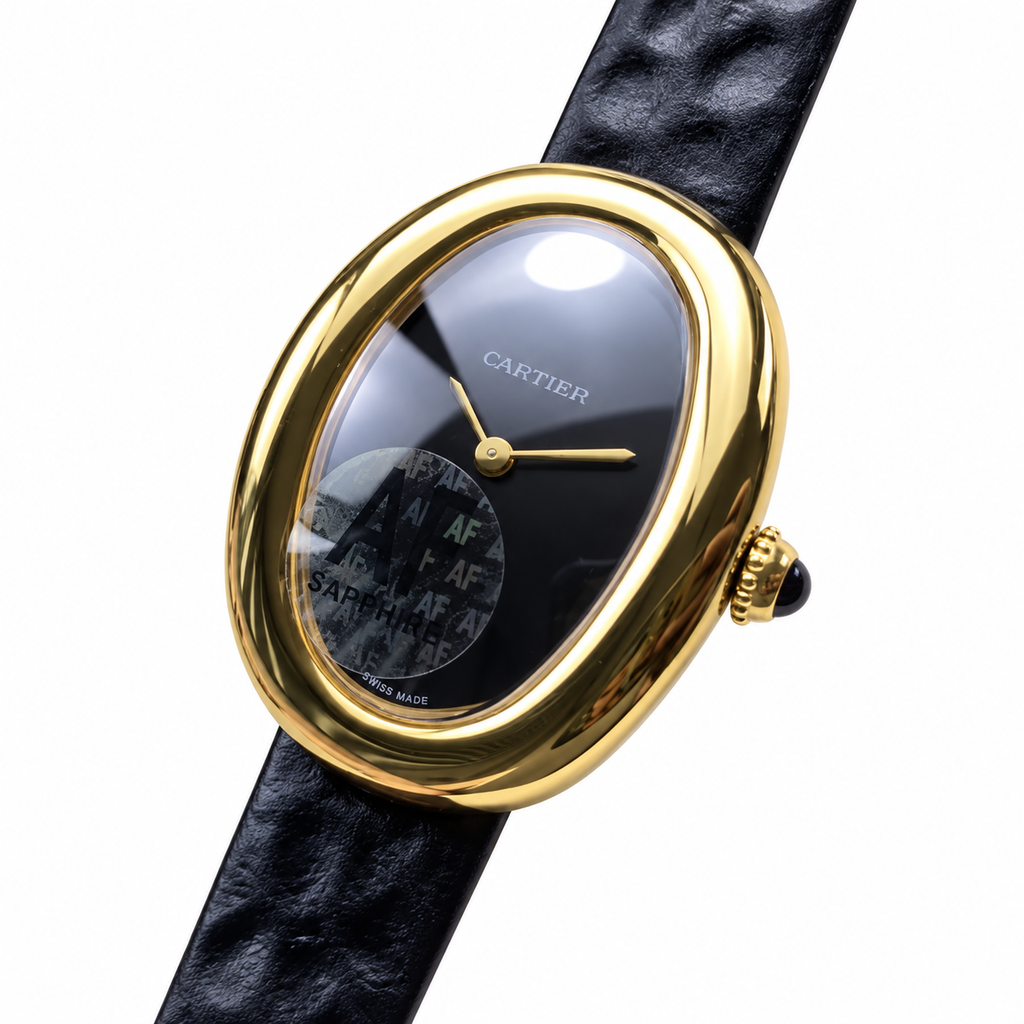 Cartier Baignoire Vintage Mini — 18K Yellow Gold, Black Onyx Dial, No Numerals & Black Leather Strap, Women