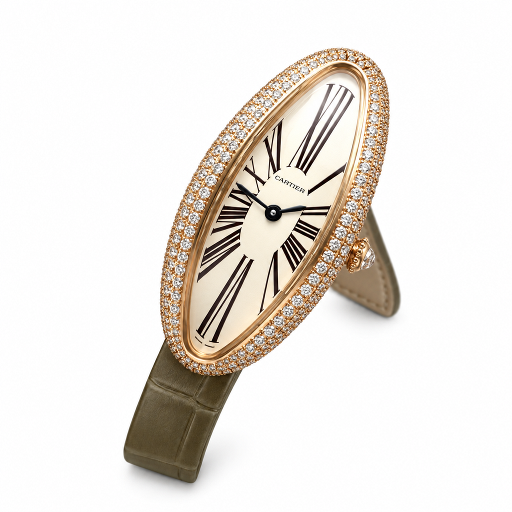 Cartier Baignoire Allongée — 18K Rose Gold, Diamond Bezel, White Dial & Olive Alligator Strap, Women