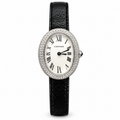Cartier Baignoire — 18K White Gold, Double Diamond Bezel & Black Leather Strap