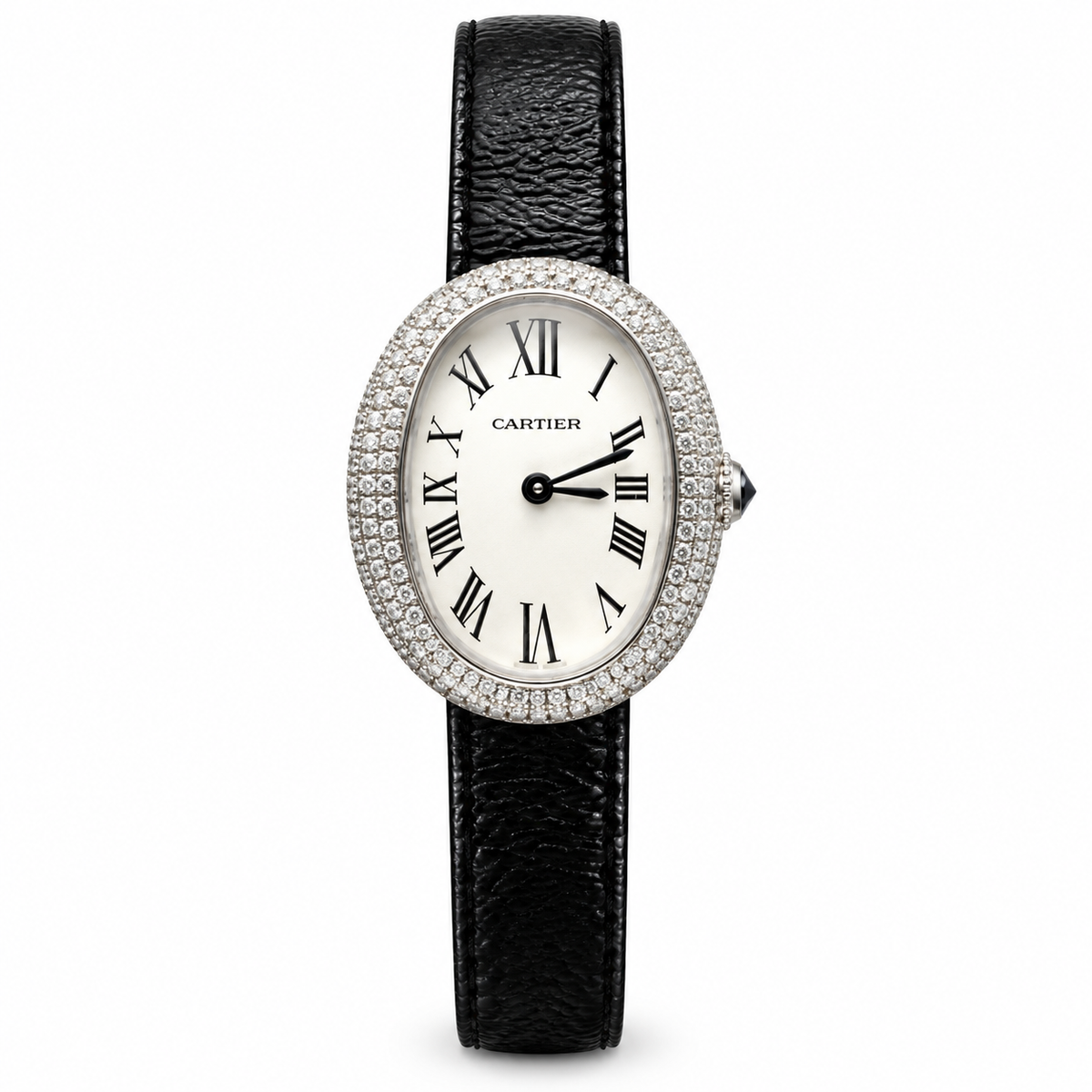 Cartier Baignoire — 18K White Gold, Double Diamond Bezel & Black Leather Strap
