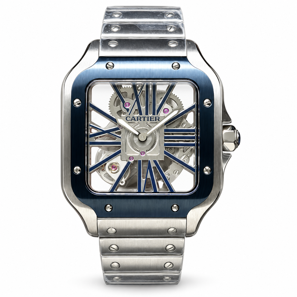 Cartier Santos de Cartier Skeleton Automatic — Steel, Blue ADLC Bezel & Steel Bracelet, Large