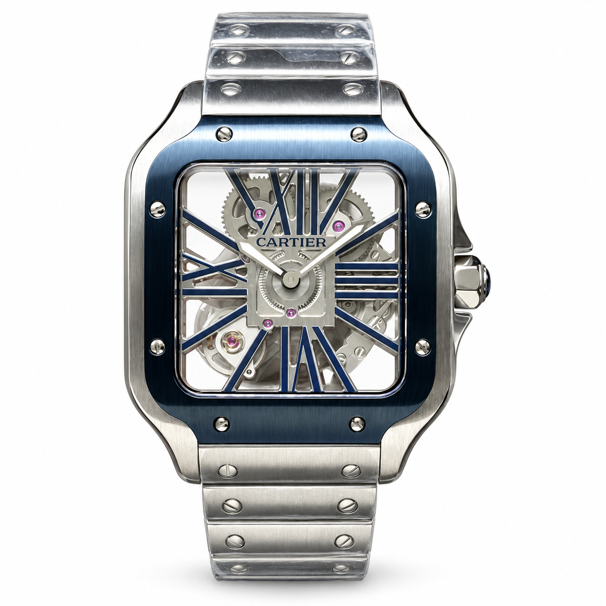 Cartier Santos de Cartier Skeleton Automatic — Steel, Blue ADLC Bezel & Steel Bracelet, Large