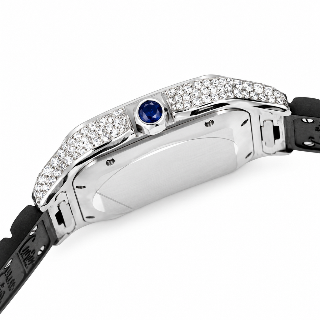 Cartier Santos Large — Steel, Full Diamond Bezel & Lugs, Black Dial, Arabic Calligraphy, Date & Black Rubber Strap, Automatic