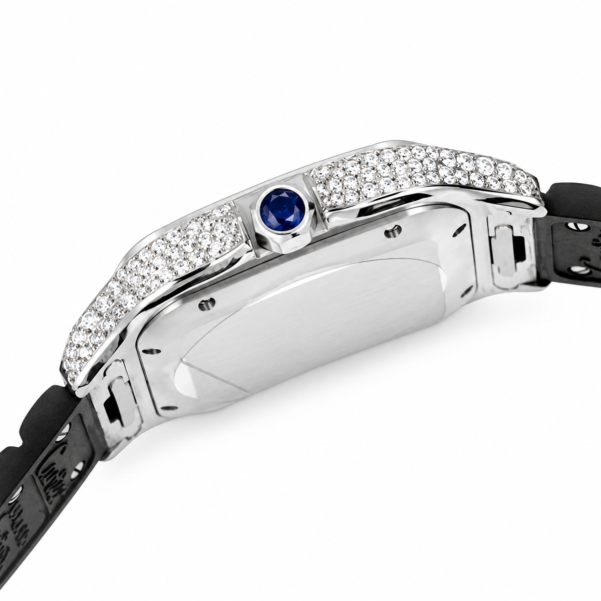 Cartier Santos Large — Steel, Full Diamond Bezel & Lugs, Black Dial, Arabic Calligraphy, Date & Black Rubber Strap, Automatic