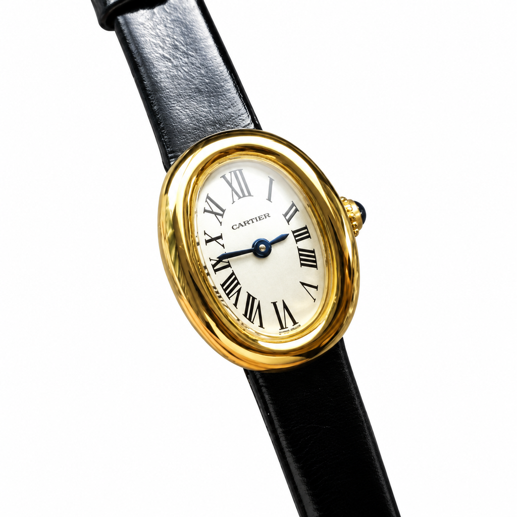 Cartier Baignoire Vintage Small — 18K Yellow Gold, Cream Dial, Roman Numerals & Black Leather Strap, Women