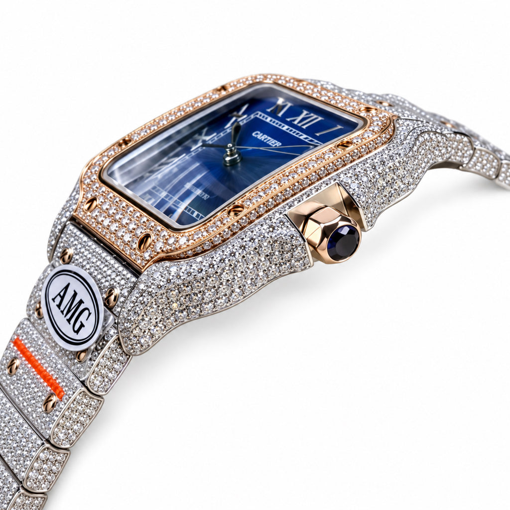 Cartier Santos de Cartier Large — Steel & Rose Gold, Full Iced-Out Diamonds, Blue Dial, Date & Diamond Bracelet, Automatic