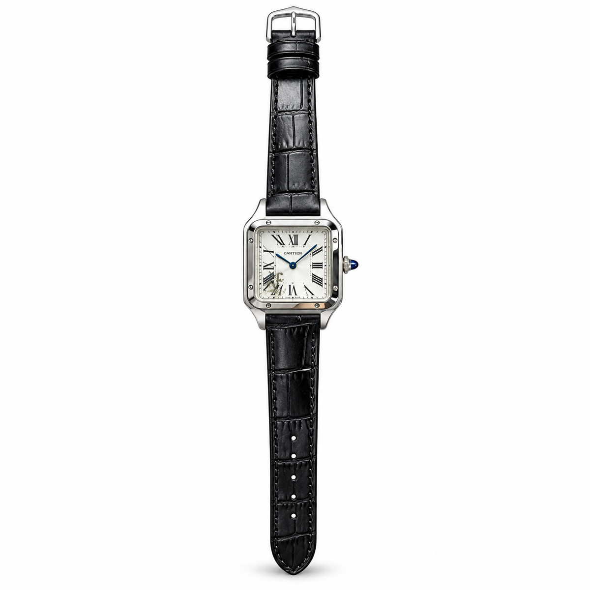 Cartier Santos-Dumont Large — Steel, Silver Dial, Roman Numerals & Black Alligator Strap, Quartz