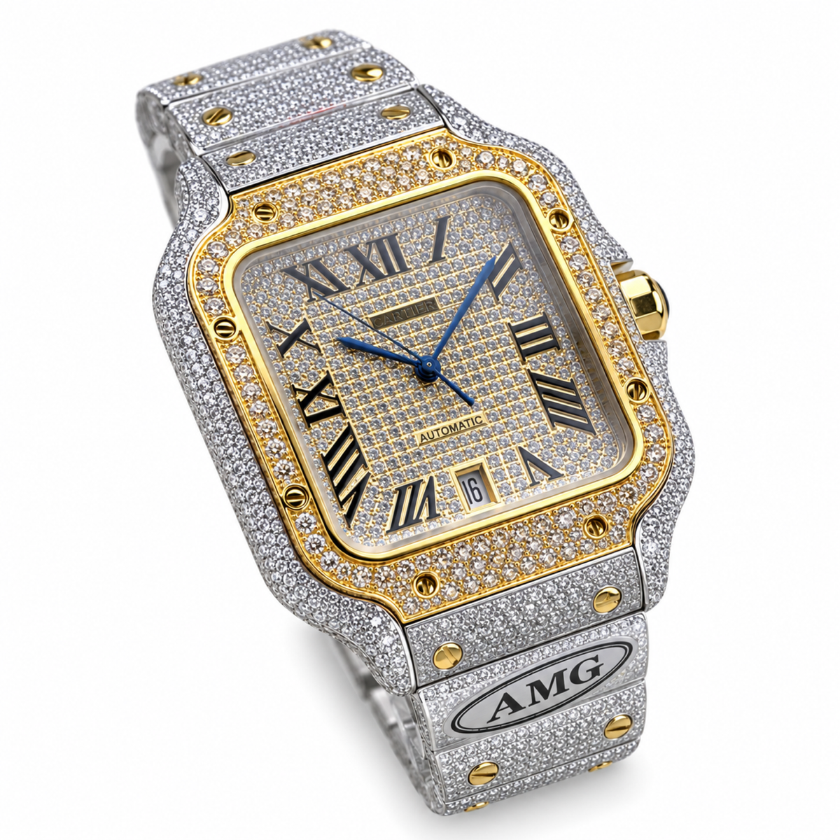 Cartier Santos Iced Out Full Pavé Diamond Two-Tone Yellow Gold Steel Automatic Luxury Watch Swiss Made