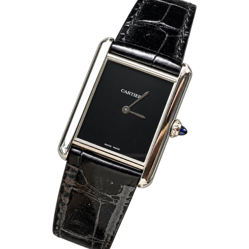 Cartier Tank Must Large — Steel, Black Lacquer Dial, No Numerals & Black Alligator Strap, Quartz