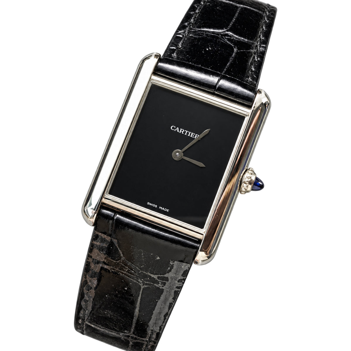 Cartier Tank Must Large — Steel, Black Lacquer Dial, No Numerals & Black Alligator Strap, Quartz