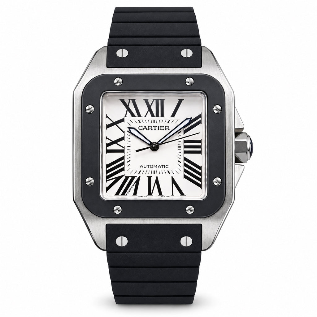 Cartier Santos 100 XL Stainless Steel Black Rubber-Coated Bezel White Dial Black Roman Numerals Automatic Black Rubber Strap Watch