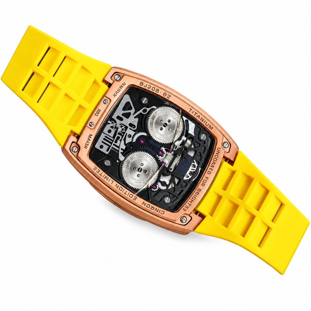 Jacob & Co. x Bugatti Chiron Rose Gold Skeleton Tourbillon Engine Yellow Rubber Watch
