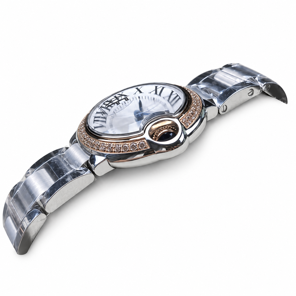 Cartier Ballon Bleu 28mm — Steel & Rose Gold, Diamond Bezel, White Dial, Roman Numerals & Steel Bracelet, Women