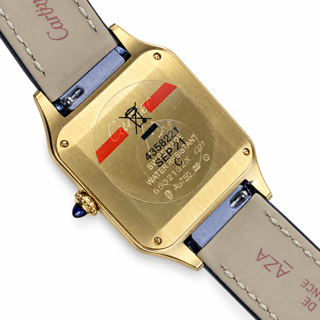 Cartier Santos-Dumont Large — 18K Yellow Gold, White Dial, Roman Numerals & Black Alligator Strap, Quartz