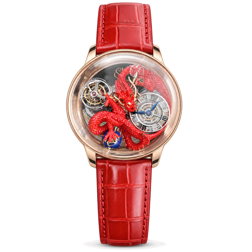 Jacob & Co. Astronomia Art Red Dragon Rose Gold Tourbillon Blue Orb Red Leather Watch