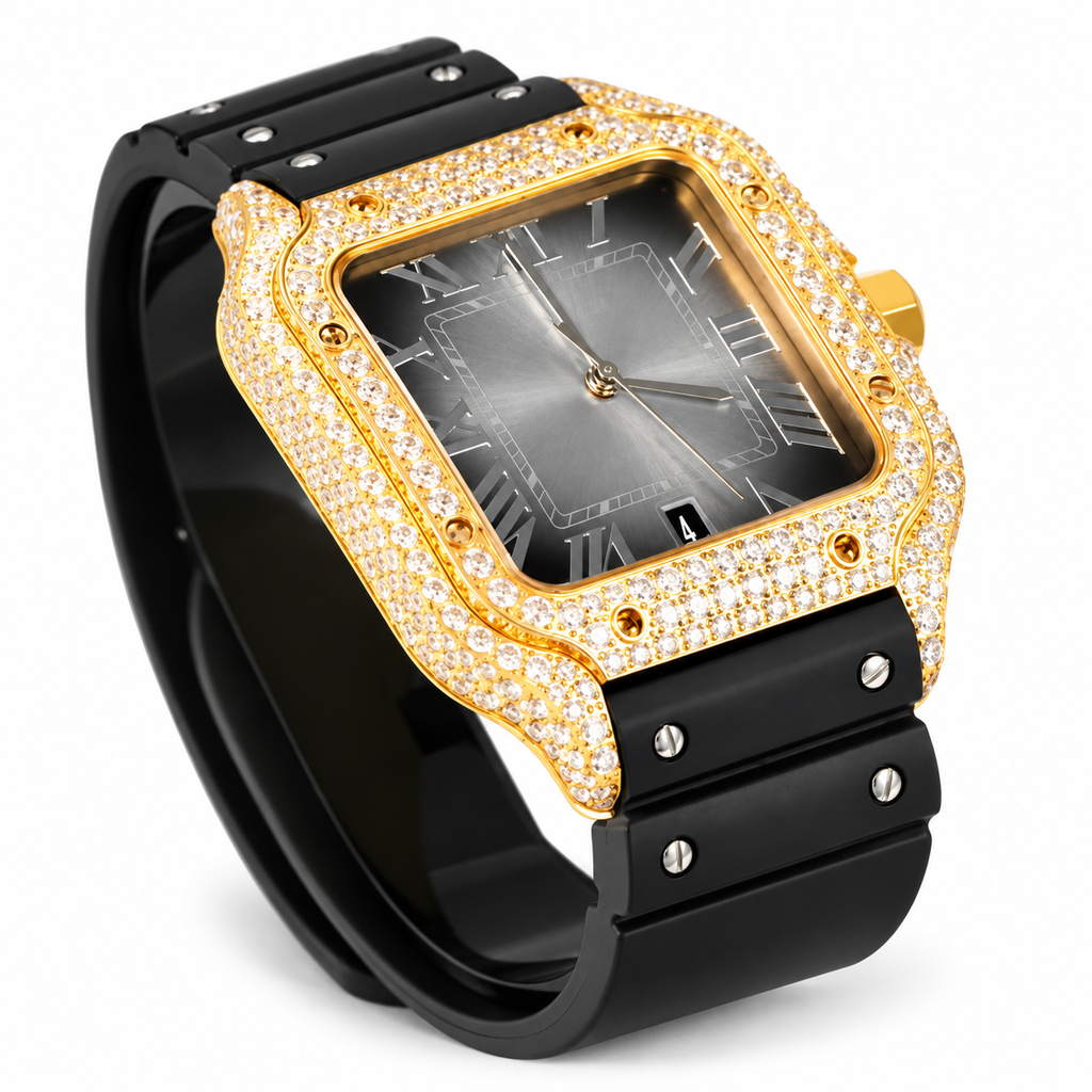 Cartier Santos de Cartier Automatic — 18K Yellow Gold, Full Diamond Bezel & Black Rubber Strap, Large