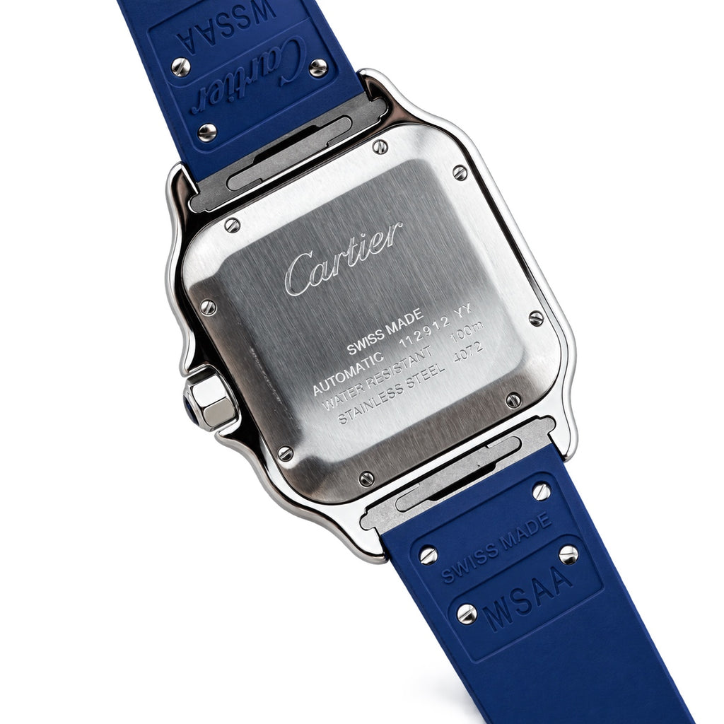Cartier Santos Large — Steel & Blue ADLC, Blue Dial, Roman Numerals, Date & Blue Rubber Strap, Automatic