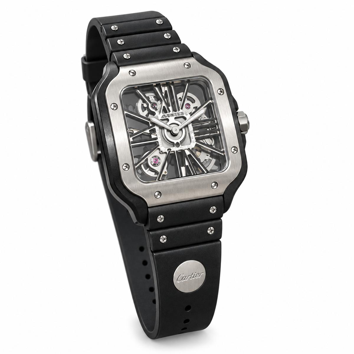 Cartier Santos Skeleton Black ADLC Steel Rubber Strap Watch – KDY