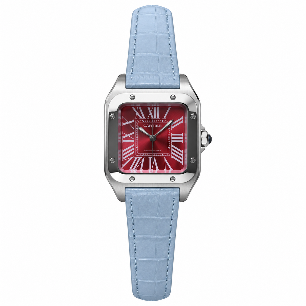 Cartier Santos 100 Automatic — Red Sunburst Dial & Blue Leather Strap