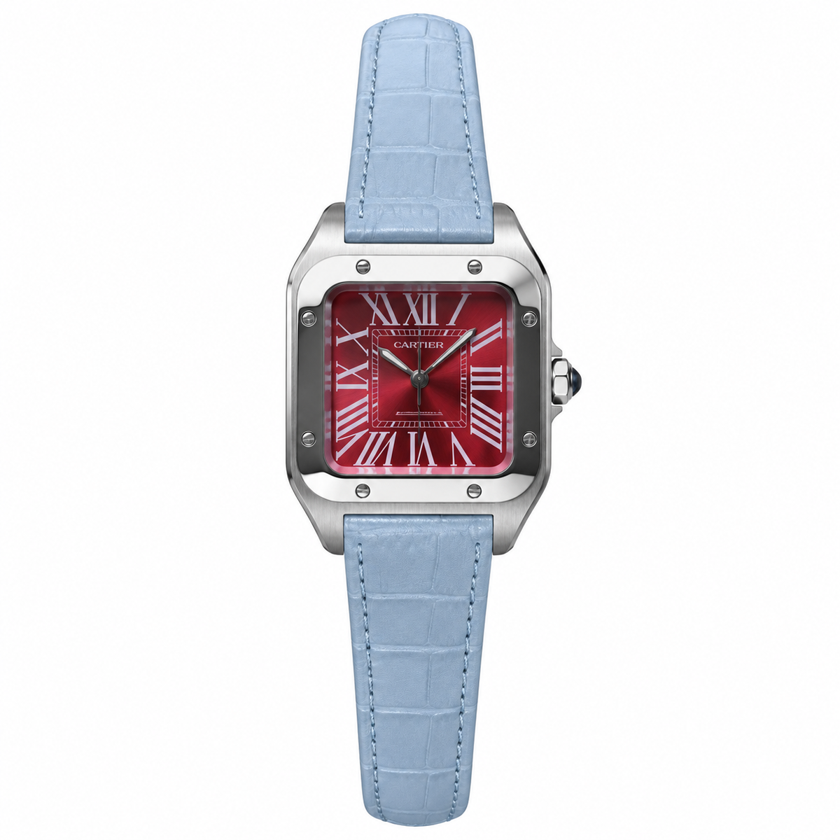 Cartier Santos 100 Automatic — Red Sunburst Dial & Blue Leather Strap