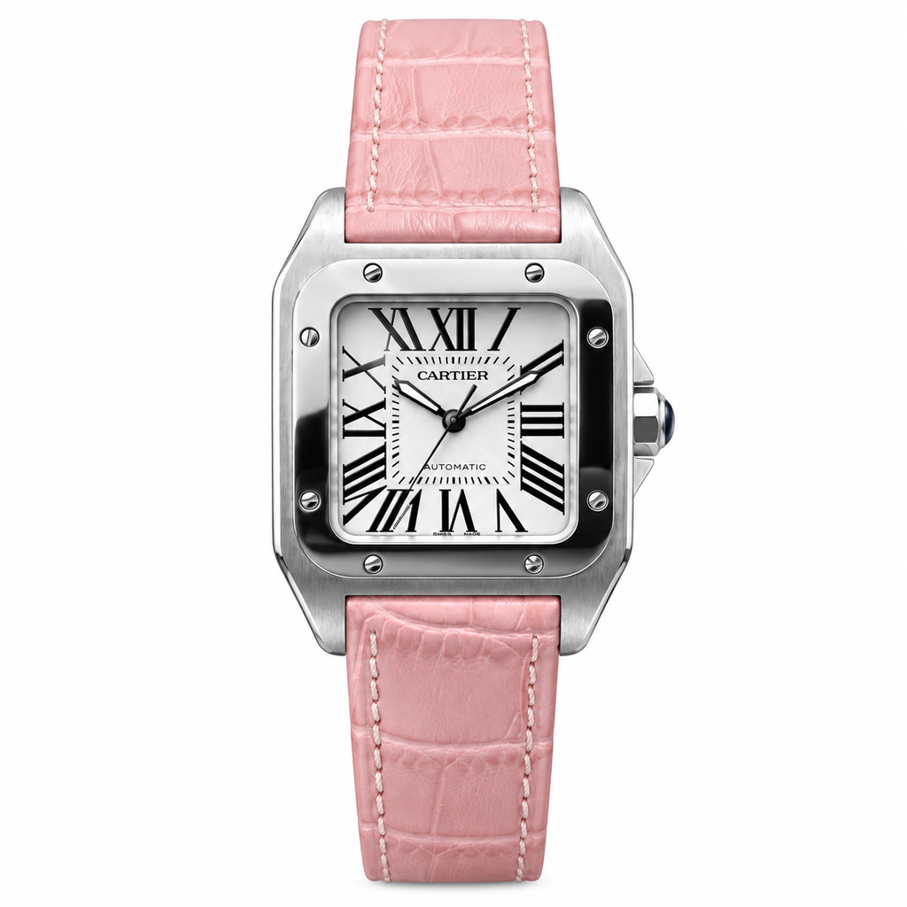 Cartier Santos 100 Automatic — White Dial & Pink Leather Strap