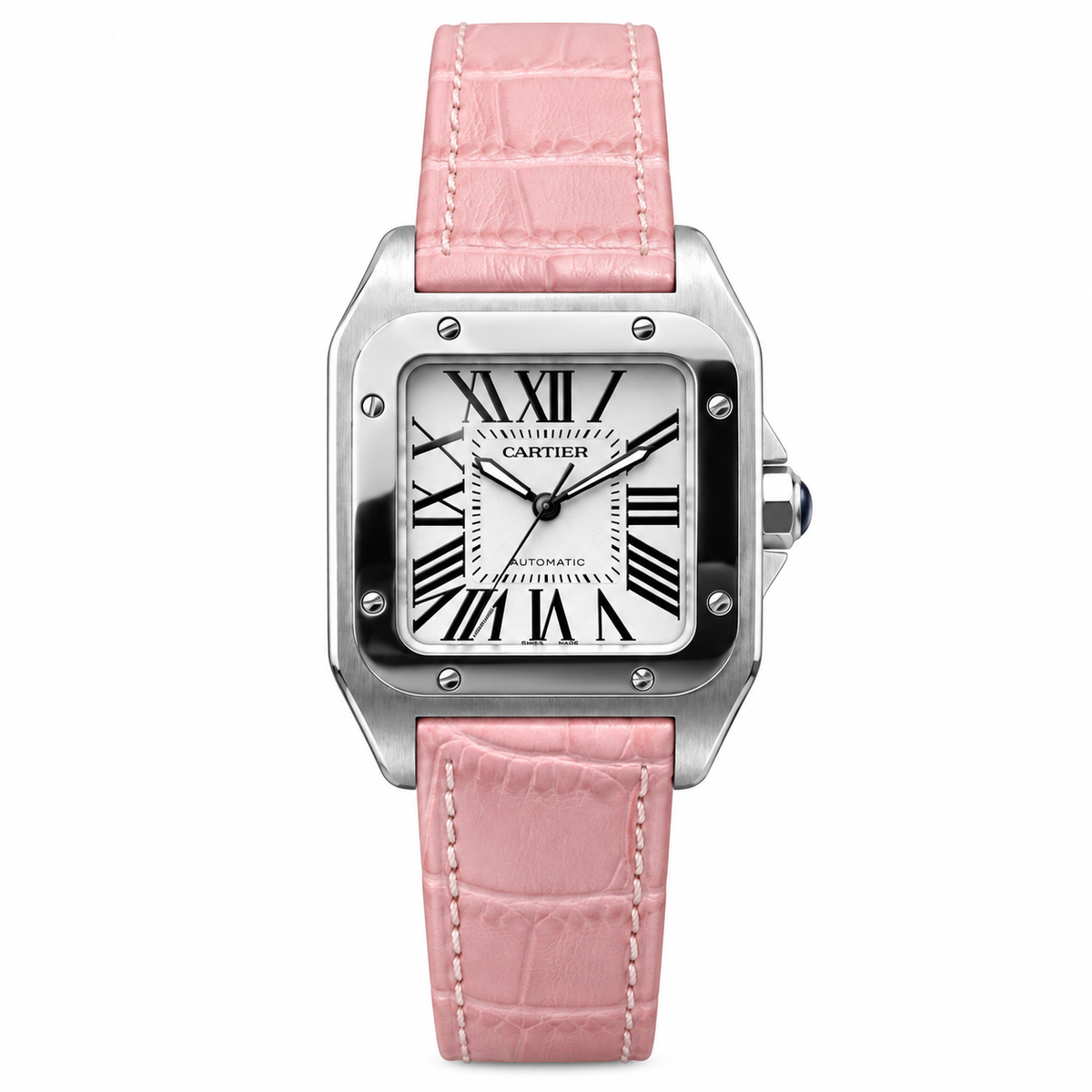 Cartier Santos 100 Automatic — White Dial & Pink Leather Strap