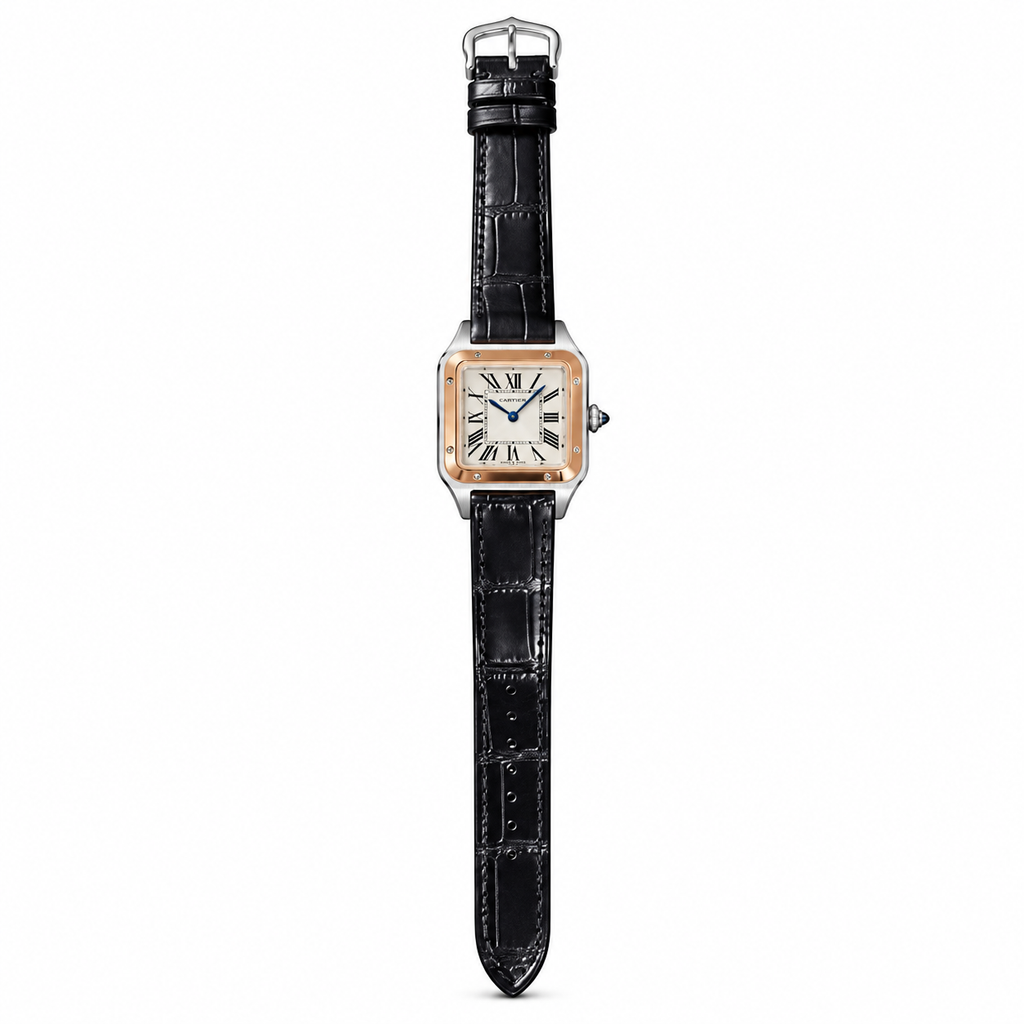 Cartier Santos-Dumont — Two-Tone Rose Gold & Steel, White Dial & Black Leather Strap