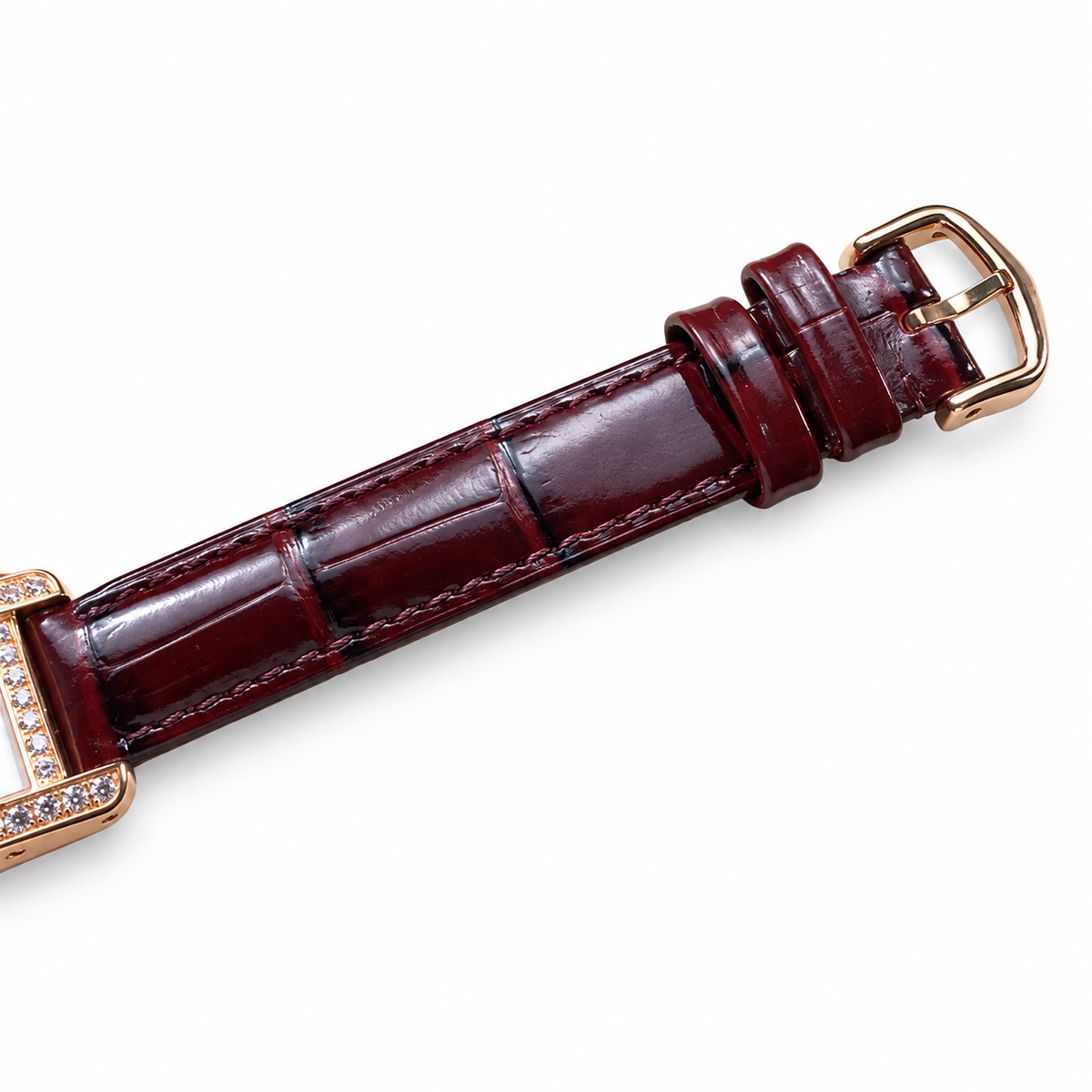 Cartier Tank Américaine — 18K Rose Gold, Full Diamond Bezel & Burgundy Alligator Strap