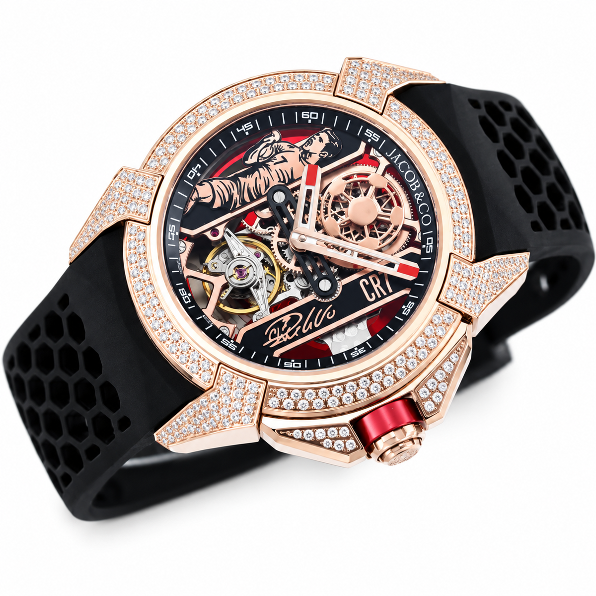 Jacob & Co. x CR7 Ronaldo Epic X Rose Gold Diamond Double Tourbillon Red Black Watch