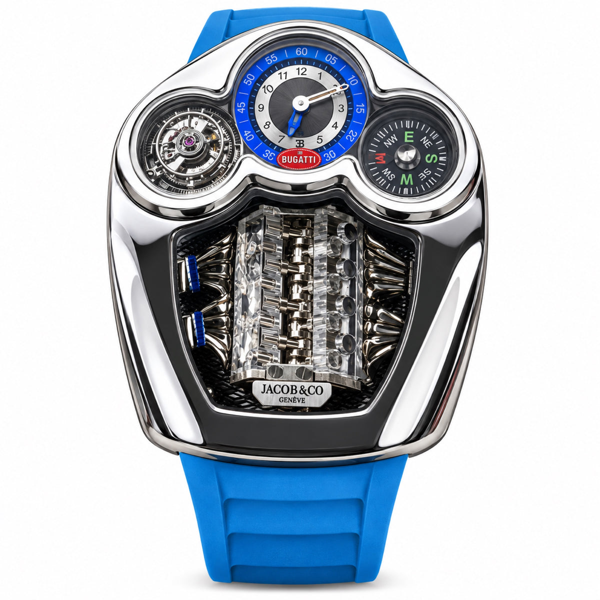 Jacob & Co. x Bugatti Chiron Tourbillon Dashboard Triple Dial Compass 16-Cylinder Engine Polished Steel Blue Rubber Strap Watch