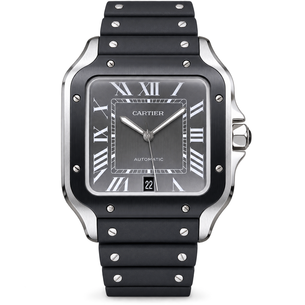 Cartier Santos Large Steel ADLC Black Dial Automatic Rubber Strap Watch – KDY